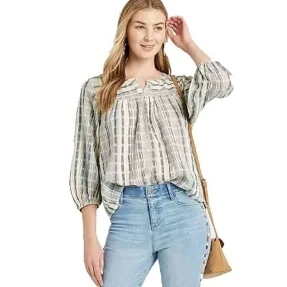 Knox Rose Size Medium Blue & Cream Gauzy Striped 3/4 Sleeve Peasant Blouse